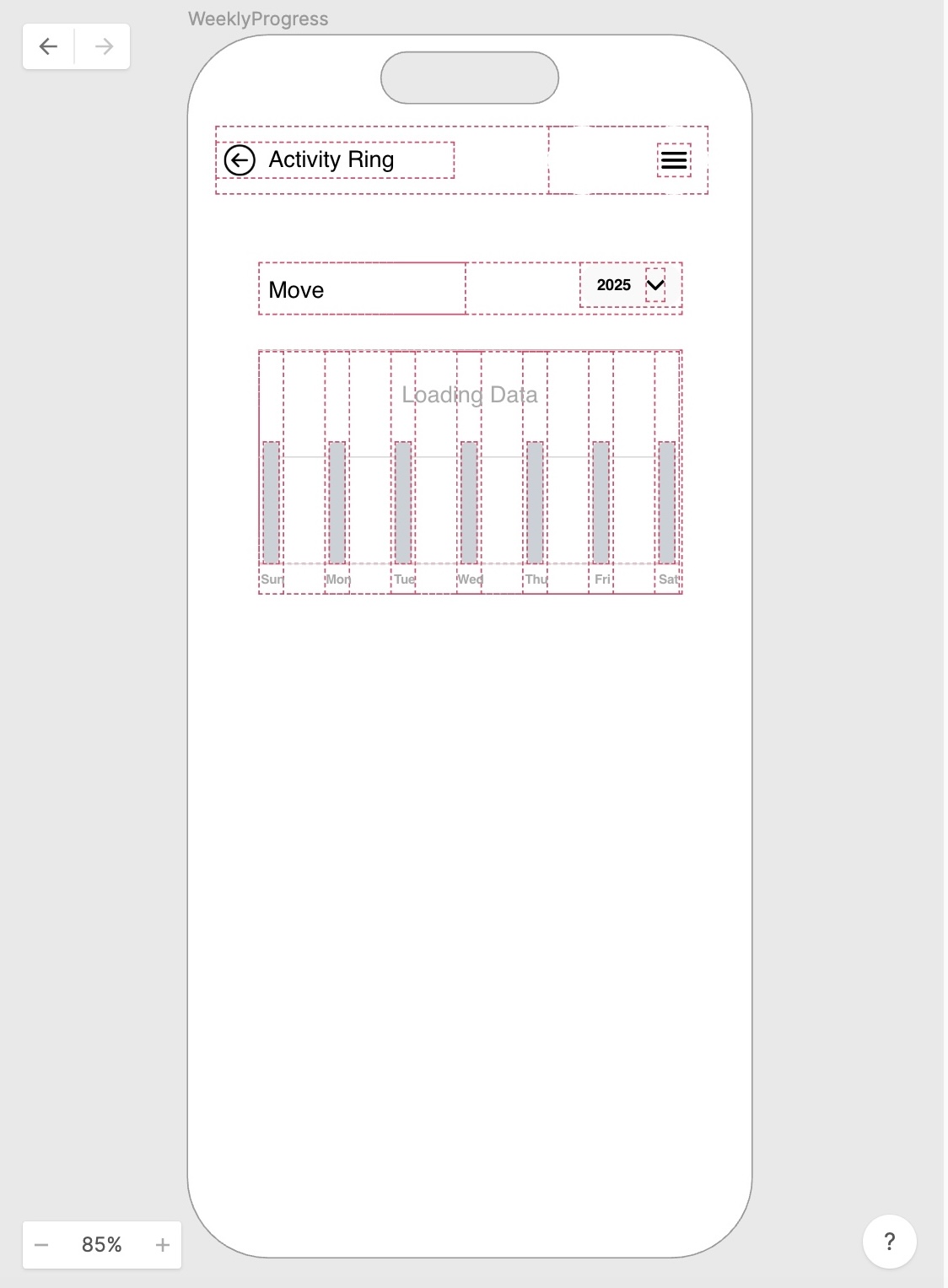 So this is what it looks like after I changed a few things. I had to rename a couple of the elements and I spaced them out in a way that users wouldn't get mixed up on what day of the week it was and just try to make it as visually appealing. I did have trouble having the the chart change or show the progress. But since we then realized this page isn't as important as showing the pressure, I stopped working on it.